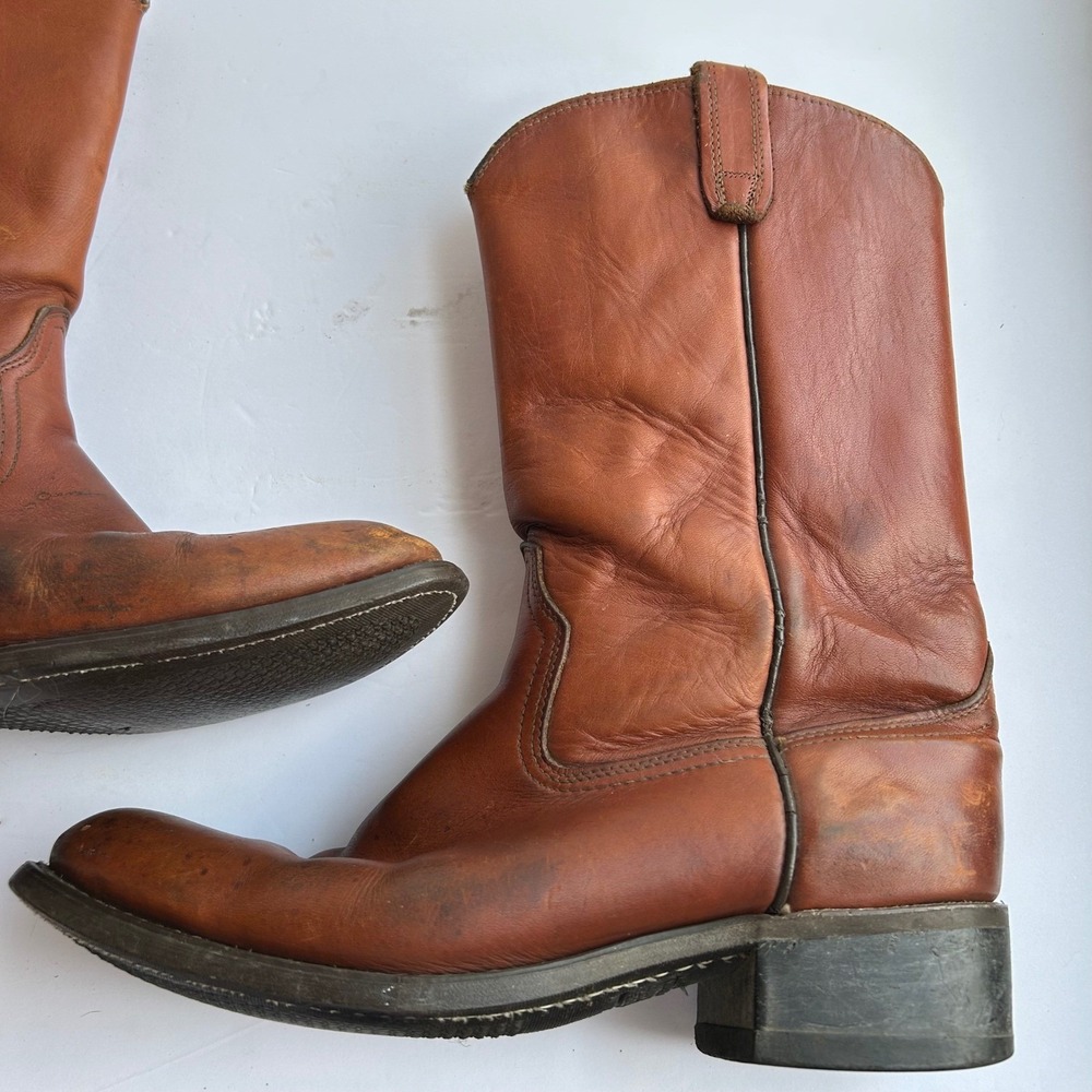 VTG Acme Cowboy Boots Mens 8.5 D Brown Leather Western Pull On 9096 Slip Res USA - Picture 12 of 14